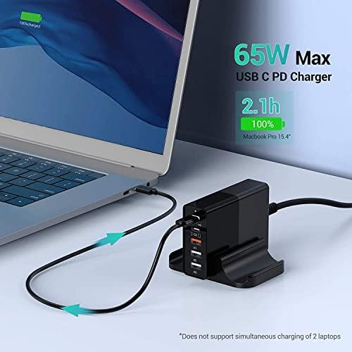 Quntis 5-port 65W USB C Charger With Stand,1 × 65W USB C PD power Supply For Laptops MacBook,1 × 30W Type C For iPad Pro iPhone,1x30W Quick Charge USB Charging Adapter,2x10W USB Plug For AirPods etc