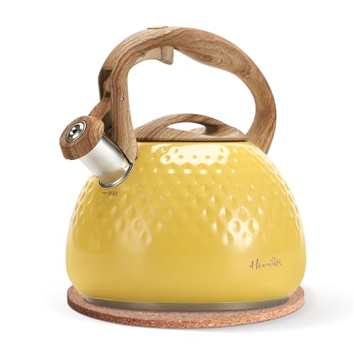 harriet Tea Kettle, Tea Pot for Stovetop, 2.5QT Whistling Kettle with 5-Layers bottom, Food Grade Stainless Steel Kettles with Hot-Resistant Handle Gas Electric Applicable, Yellow