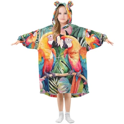 FLildon Blanket Hoodie for Kids Sherpa Oversized Colorful Parrot Birds Wearable Blanket Sweatshirt for Teens, M
