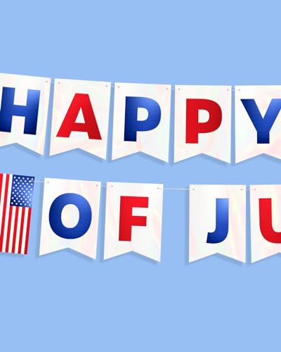 Image of xo, Fetti Happy Fourth of July Foil Flag Banner - 5 Ft., Foil | USA Party Favors, American Flag Party Supplies, 4th of July Decorations, Stars and Stripes Decor, Red White and Blue Merica Decor, Patriotic Photobooth Backdrop