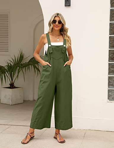 Puwei Summer Cotton Linen Bib Overalls Women Baggy Sleeveless Wide Leg Jumpsuits With Pockets(2868-Armygreen-Xl) #TOP1