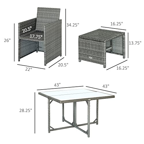 Outsunny 9-Piece Outdoor Pe Rattan Wicker Patio Dining Set, Cushions, 4 Armchairs, 2 Easy-Store Ottoman Footrests, 1 Tempered Glass Center Coffee Table, Dark Grey #TOP2