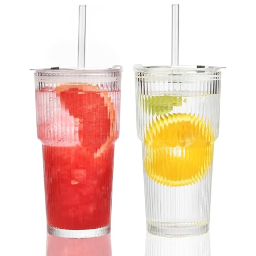 ikeoat 20 oz Glass Cups with Lid and Straw 2 Set Glass Tumbler with Straw and Lid Vintage Glassware for Whiskey Cocktail Beer Iced Coffee Cups with Lid