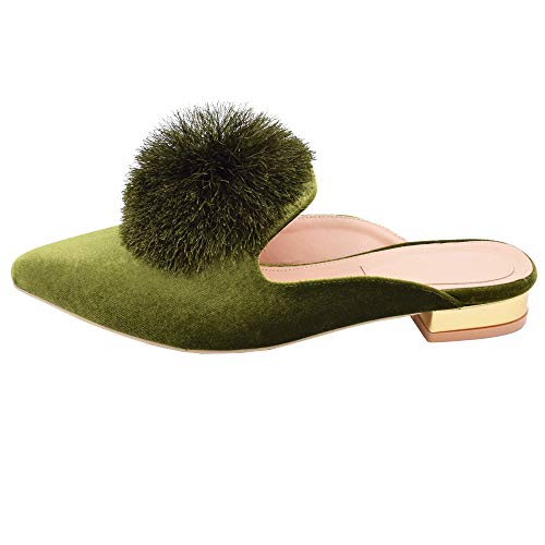 Fericzot Mules For Women,Slip On Backless Loafers Flats Puff Pompom Pointed Toe Casual Shoes Slippers Green 9 #TOP1