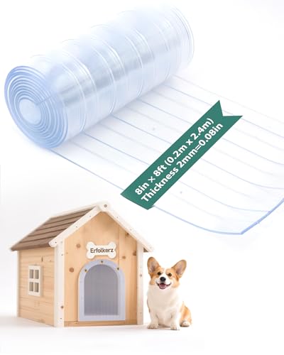 Erfolkerz Dog Door Replacement Flaps 8inx8ft 0.08 Thick Insulated Clear PVC Vinyl Strip DIY Cut-to-Fit for Dog House/Cat Kennel with Screws Easy Install Weatherproof Wind-/Waterproof Pet Accessory