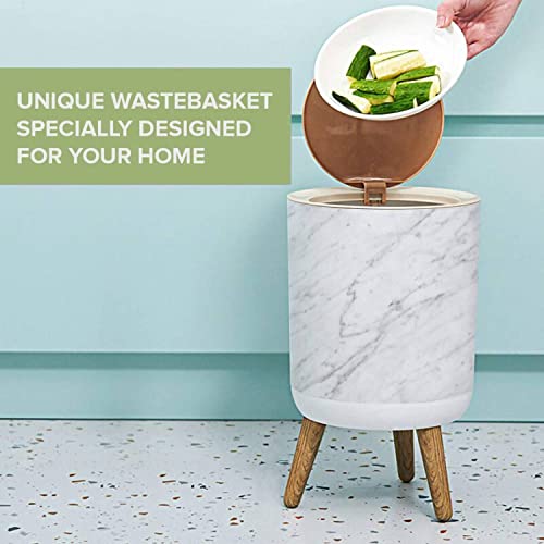 Image of Small Trash Can with Lid White Carrara Marble natural light surface for bathroom or kitchen Garbage Bin Round Waste Bin Press Cover Dog Proof Wastebasket for Kitchen Bathroom Living Room 1.8 Gallon