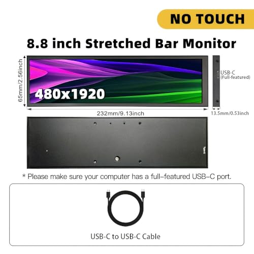 Image of 8.8-inch Touchscreen Bar Display, 1920x480, Metal Shell IPS Portable Touch Monitor with USB-C Port. Compatible with Raspberry Pi, Laptop Aida64 Monitoring, GPU /CPU Stats, and PC Case Mini Screen
