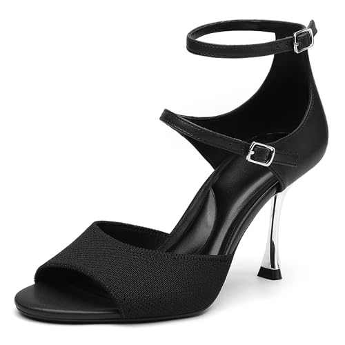 Women’s Double Ankle Strap Heeled Sandals – Open Toe Knit Dress Shoes with Stiletto Heel for Evening, Party, or Office Wear
