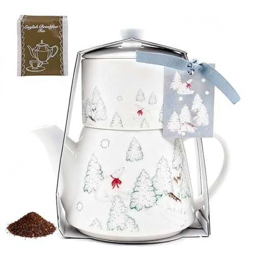 Christmas Teapot Set Ceramic Tea Pot with English Breakfast Tea, 17OZ Christmas Tree Tea Kettle with Mug as Birthday & New Year Gifts for Home & Kitchen Decor (Black Tea)
