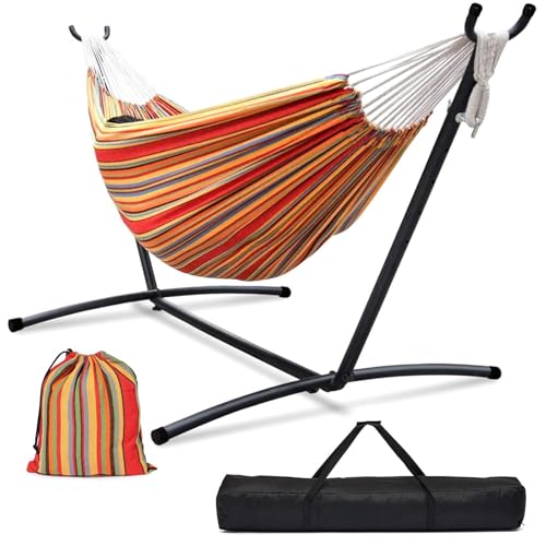 Zupapa Double Canvas Hammock with Steel Stand - 200kg (441 lbs) Capacity with Storage Bag for Indoor/Outdoor Garden Patio Deck Yard & Balcony Red