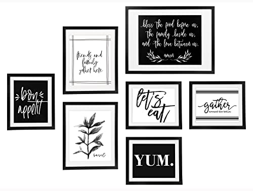 ArtbyHannah Framed Kitchen Wall Decor, Multi Size Black Gallery Wall Frame Set with Gather Sign Prints Pictures, Picture Frames Collage Set for Dinning Room Decorations(7 Pack)