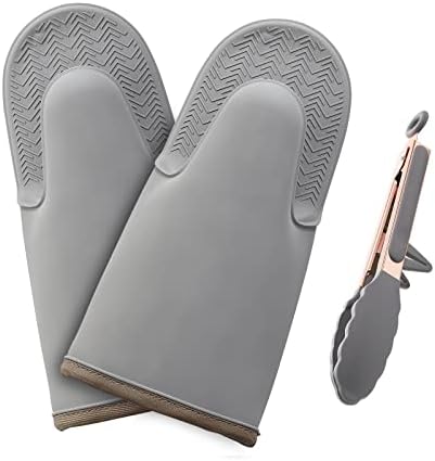 Pazash Oven Mitts Set, Heat Resistant 600F Silicone Oven Mitts, Soft Lining Good Grip Oven Mitt Set, Waterproof Mitt Potholders, Oven Gloves and Food Tong Sets,for Grilling, Baking, Cooking