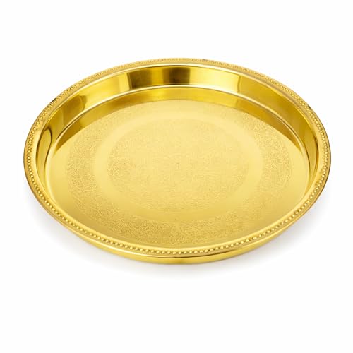 Image of Spillbox Brass Pooja Thali for Mandir Traditional Pital Puja Engraved Aarti Thali for Diya Kumkum Haldi Hindu Prayer Worship Plate for Temple Home Pooja Festival Use[250g]-9inch-Petal Plate