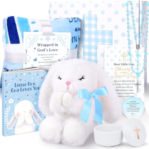 Baptism Gifts for Boy Christening Gifts for Boys Dedication Gift Includes Bunny Stuffed Animal First Rosary Beads Prayer Book Keepsake Blanket Catholic Baptism Gift Basket