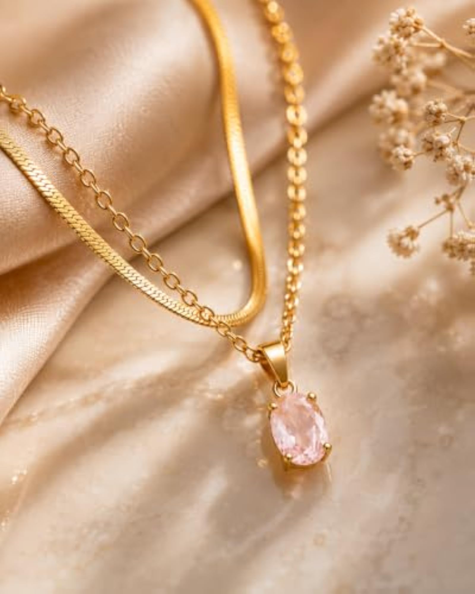 Gold-Tone Layered Necklace with Blush Pink Oval Crystal Pendant