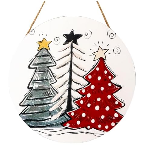 Christmas Welcome Tree Door Sign 11.8 inch, Winter Xmas Tree Colorful Star Cute Decor Front Wreath Door Decoration Round Wooden Hanging Sign for Farmhouse Home Wall Porch Indoor Outdoor Decor MY014 Cover