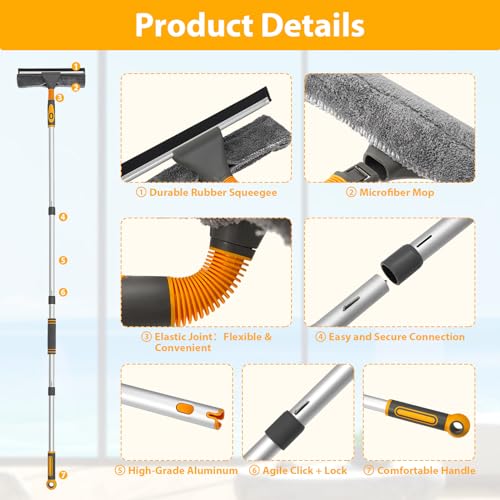 Baban Window Squeegee Cleaner, 2 in 1 Window Cleaning Tool with Elbow and Straight Extension Pole, 62'' Telescopic Window Washing Equipment with Bendable Head for Car Glass Indoor Outdoor High Windows - Thumbnail 3