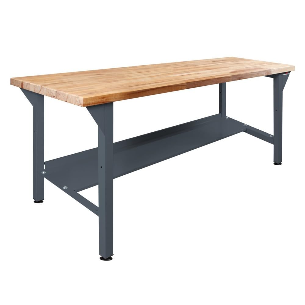 Steinbock Werkbank mit Ablageboden | 500 kg Tragkraft | HxBxT 85 x 150 x 75 cm | Anthrazitgrau | 5 cm Starke geölte Massivholz-Arbeitsplatte | stabiles Stahlgestell | Made in EU | Werktisch
