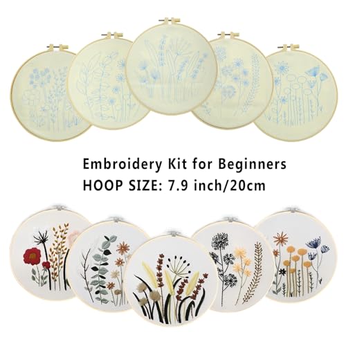Image of GOGLAM Embroidery Kit for Beginners, 5 Sets Cross Stitch Kits, Needlepoint Kits Adults Beginner with Stamped Flower Pattern, Hoop, Needle, Easy Crafts Kits for Adults