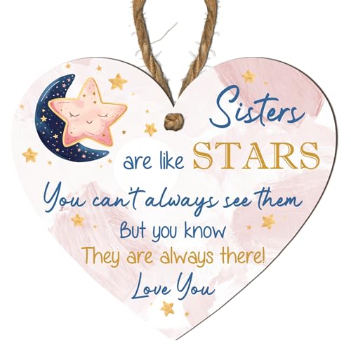 Sisters Are Like Stars Wooden Heart Plaque | Heartfelt Hanging Wall Decor | Thoughtful Sister Appreciation Gift | Star and Moon Design Keepsake
