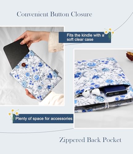 TiMOVO Sleeve Case for 7\" E-Reader Book, Paperwhite and Colorsoft Signature Edition (2024 Released), Protective Pouch Bag Case Cover for 6-7 Inch kobo eReader, White Blue Floral