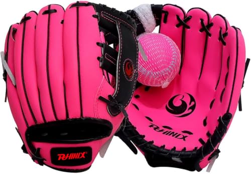 PHINIX 8 1/2\" Baseball Glove Tee Ball Mitts and Foam Ball for Kids Beginner Play Training Right Hand Throw Pink