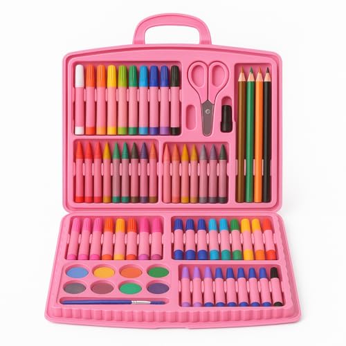 Kit Escolar de Arte 98 Peças – Estojo Maleta Rosa, Lápis de Cor, Canetinhas, Giz de Cera, Aquarela e Folhas para Colorir – Criatividade Meninas