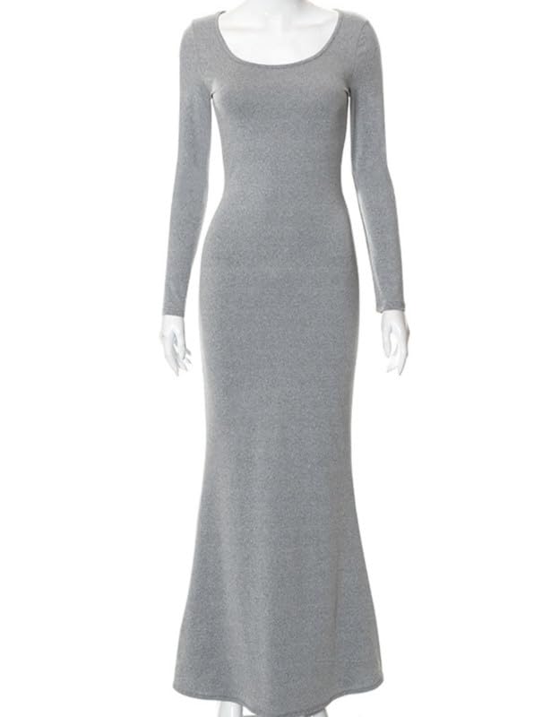 Vestito Donna Maniche Lunghe Aderente Abito Lungo con Scollo Quadrato Sexy Tinta Unita Maxi Bodycon Vestito Elasticizzato Abito da Cocktai per Feste e Cerimonie Discoteca