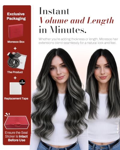Image of Moresoo Black Silver Tape In Human Hair Extensions 24in 20Pcs 50g | Tape hair extensions real human hair, long straight strands, silver highlights, flat tabs for braids and evening events