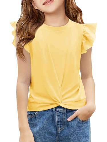 Image of Haloumoning Girls T Shirts Ruffle Sleeve Twist Front Tshirts Summer Casual Crewneck Tees Tops 5-14 Years, Yellow, 9-10 Years