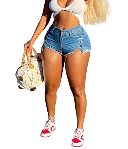 Siaeamrg High Waisted Womens Jean Shorts For Summer, Casual Summer Stretchy Frayed Raw Hem Teen Girls Denim Shorts (D-Light Blue, M) #TOP2