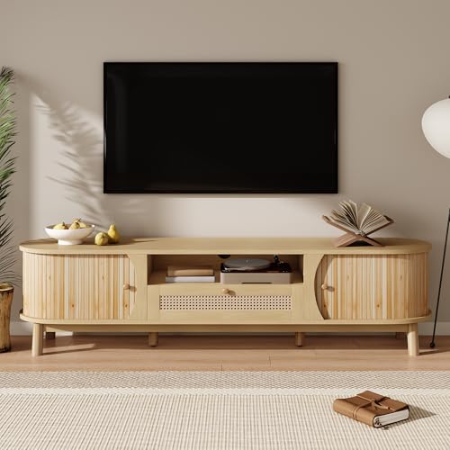 65" Rattan TV Stand with Solid Wood Doors and Drawers, Media Console with Sliding Door, Country Style Entertainment Center, Storage Cabinet with Open and Hidden Shelves,110 lb Capacity, Natural Finish by Christopher Knight Home - Used condition - CA$221.11