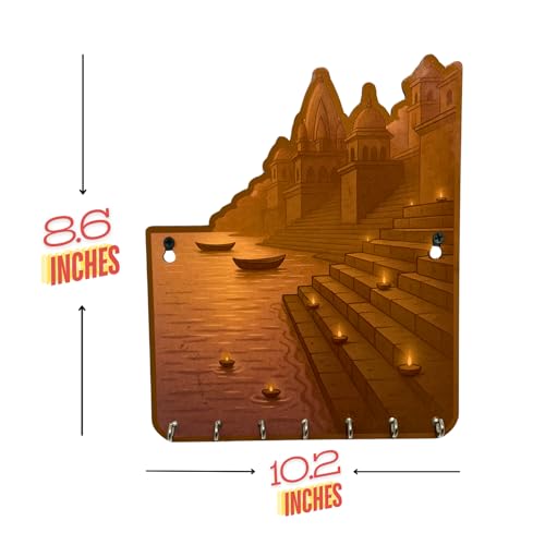 Image of Banaras Ghat-Inspired MDF Key Holder - UV Printed Wooden Wall Hanging (9.4 x 8.6 in