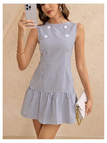 Women's Striped Ruffle Mini Dress Elegant Sleeveless Crew Neck Work Office Dresses4