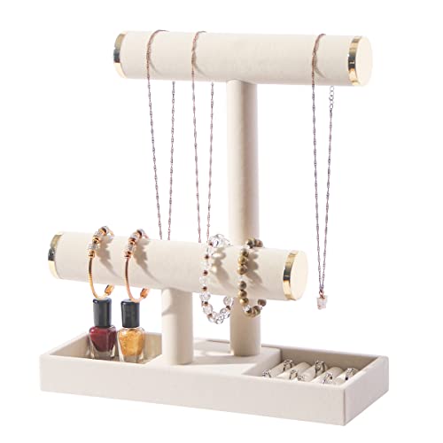 Image of ByKen 2 Tier Jewelry Holder,Necklace Bracelet Organizer Stand (Beige&Gold)