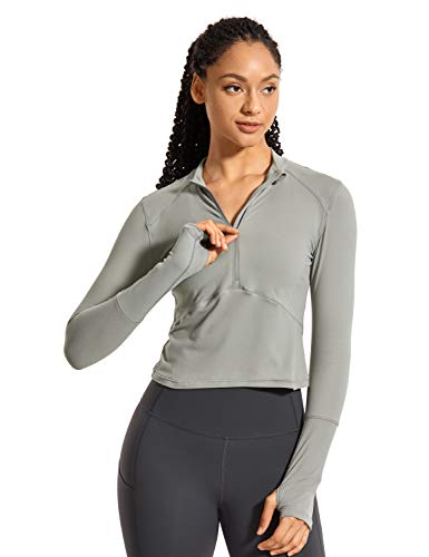 CRZ YOGA Women's Running Shirt Long Sleeve Shirt Dry Fit Half-Zip Workout Tops Crop Athletic Rock Grey Medium