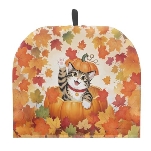 Image of Hudotybom Fall Maple Cat Tea Pot Cozies Thanksgiving Coffee Breakfast Warmer Teapot Dustproof Insulated Covers Tea Kettle Quilt for Kitchen