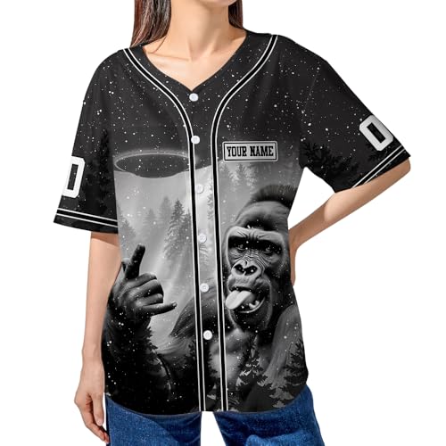 BAS223 Personalized Funny Gorilla UFO Baseball Jersey, Alien Spaceship Abduction Custom Baseball Jersey, Black White Bigfoot miniatura 2