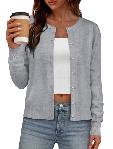 IWD Womens Cardigan Sweaters Crew Neck Long Sleeve Lightweight Button Down Sweater 2026 Spring Trendy Knit Tops (Grey, Small)