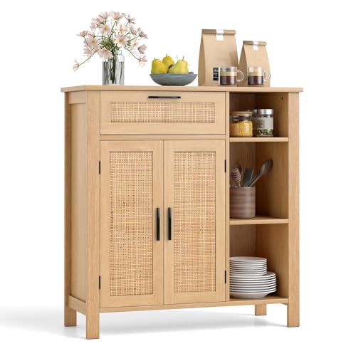 FANTASK - FANTASK Küchenschrank Holz, Sideboard mit Offene Fächer, Rattangeflecht-Türen & Schubladen, Buffetschrank für Wohnzimmer, Küche & Esszimmer, 75 x 30 x 80 cm