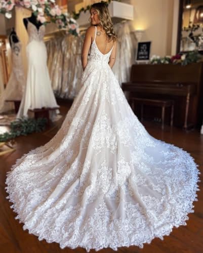 Women's Wedding Dresses for Bride 2024 V Neck Lace Backless Beach Boho Wedding Bridal Gowns2