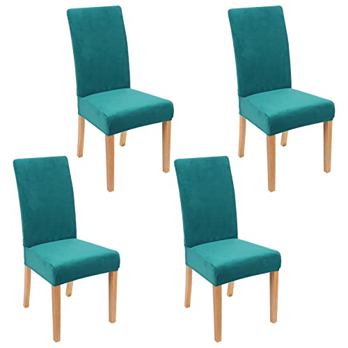 Smiry Velvet Stretch Chair Covers for Dining Room Set of 4, Soft Fit Removable Washable Kitchen Parsons Chair Slipcover Protector, Peacock Green