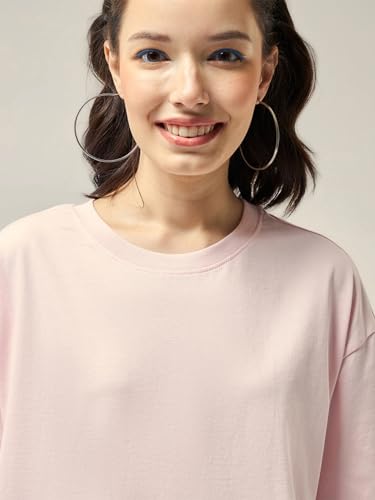 Image of Bewakoof Women's Solid Oversized Fit Half Sleeve Round Neck Cotton Jersey T-Shirt