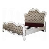 Sicily Queen Bed- Classic White Carved Frame- Tufted Gray Faux Leather