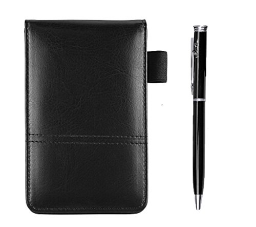 PU Leather A7 Business Notepads with Calculator, Small Pocket Jotter Memo Steno Notebook,Wide Lined 30 Pages Notes and Lists,Travel Notepads with Retractable Rollerball Point Pen,Black Ink