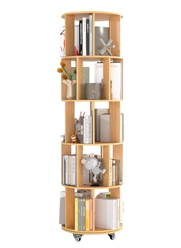 Suuiwau Drehbares Bücherregal 165.5cm mit 360° Rotation Rollen, 5-stöckiges Bücherregal, Platzsparendes Eckregal für Schlafzimmer, Wohnzimmer, Büro | Holzfarbe | Stabil & Mobil