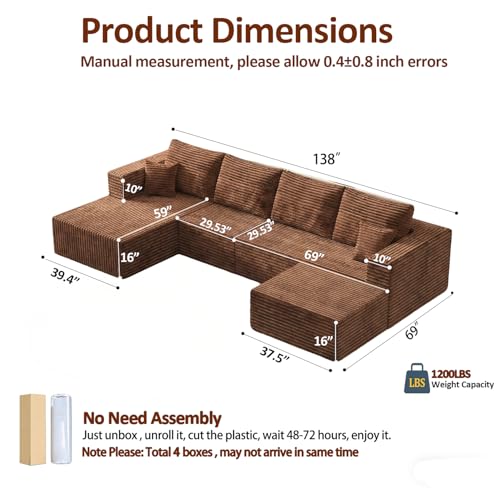 Image of 138 inch Modern Modular Sectional Sofa, U-Shaped Cloud Couch, Soft Corduroy Boneless Couch with 3060 High Rebound Memory Foam, Sectional Couches for Living Room-Brown(Left Facing Chaise)
