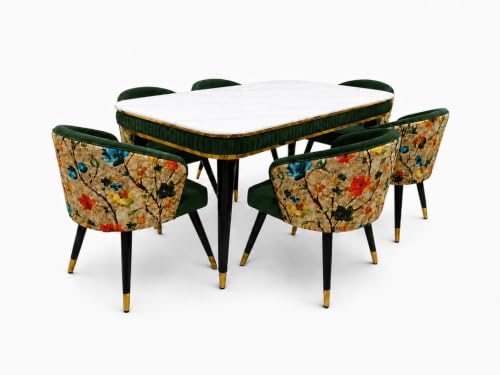Image of WOODEN SPACE 6-Seater Wooden Dining Table Set | Nano Composite Marble Top | Solid Wood Base | Modern Dining Room Furniture with 6 Chairs (Dark Green Printed)