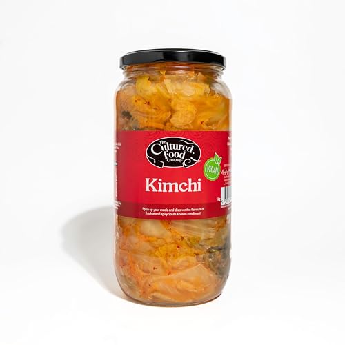 The Cultured Food Company Korean Food Naturally Vegan Kimchi 1kg - Traditionally Fermented - Unpasteurised - Hot and Spicy - Probiotic Rich - Made from Napa Cabbage & Daikon Radish - No Preservatives