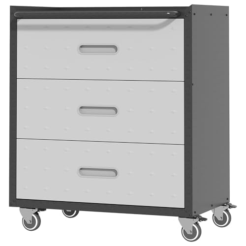 BIZOEIRON Metal Storage Cabinet with Wheels, Rolling Tool Cabinet, Garage Storage Cabinet with 3 Drawer for Tools, Assembly Required